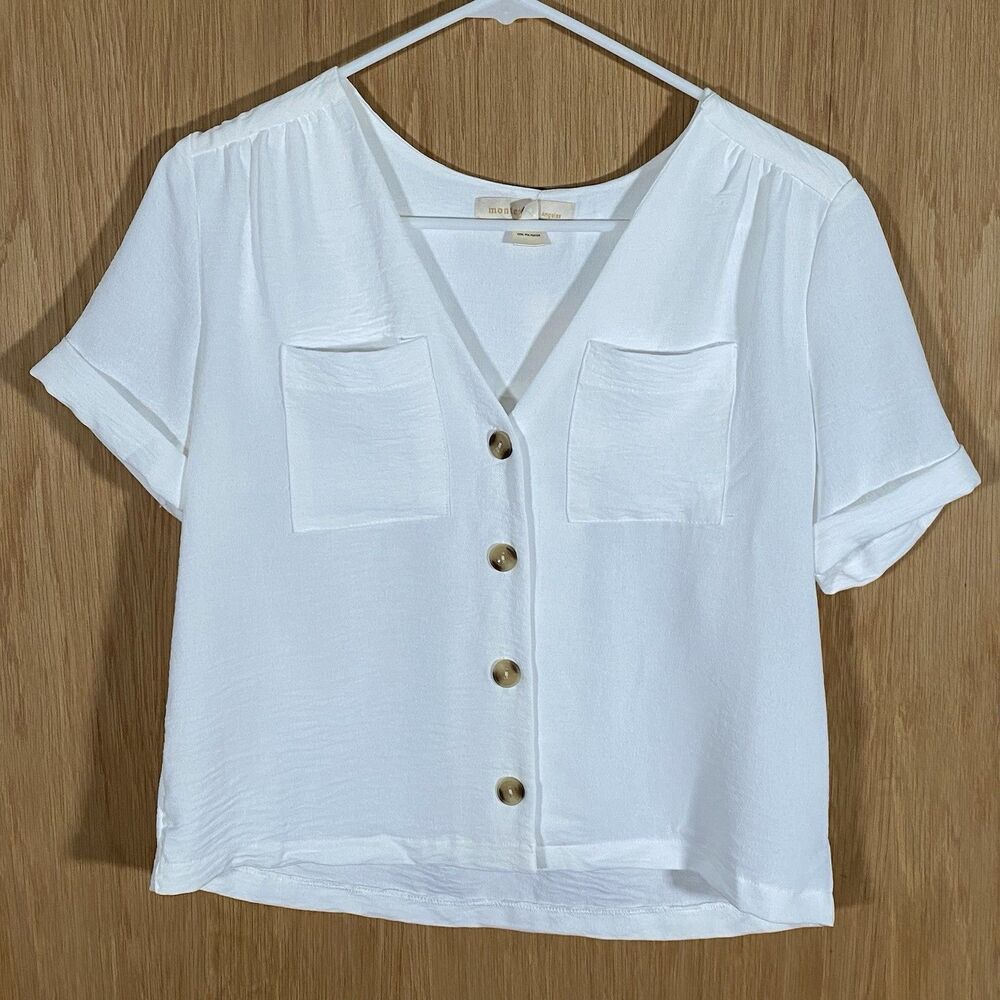 Monteau White Crop Top Button Up Short Sleeve Gauzy Coastal Minimalist Women's M